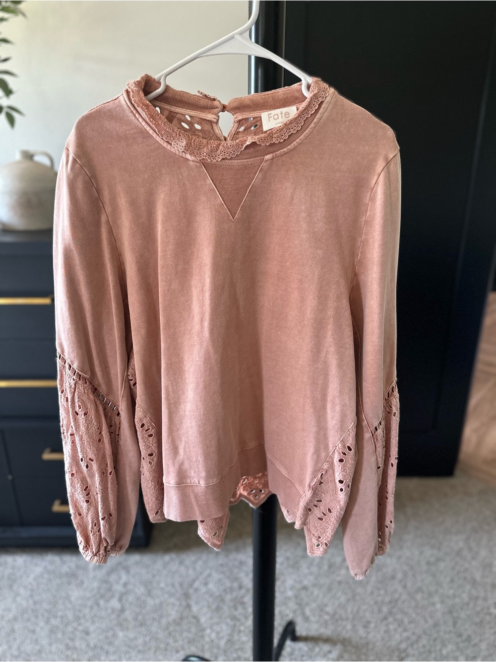 Fate Dusty Rose Lace-Trim Pullover Sweatshirt
